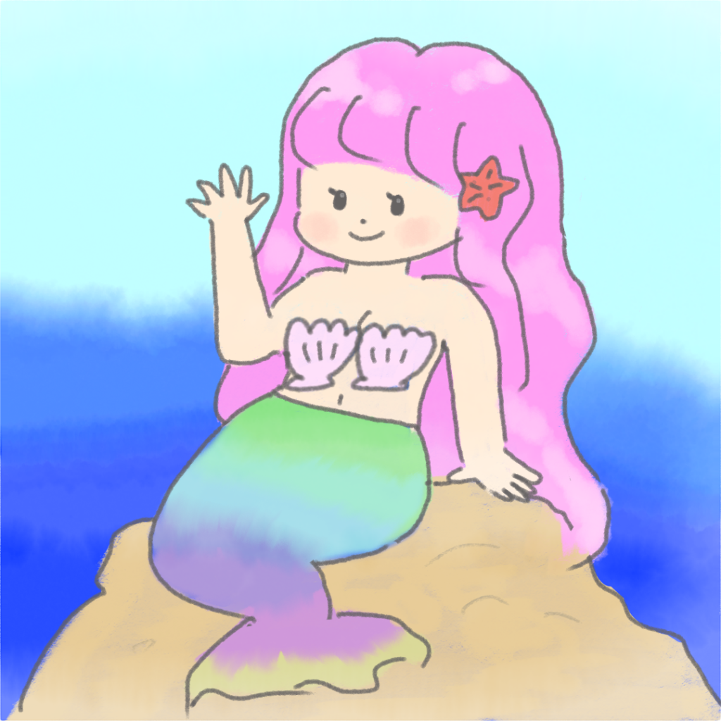 海で岩に座るピンクの髪と虹色のしっぽの人形