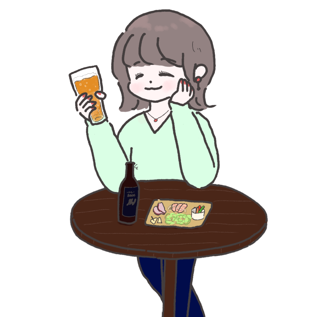 クラフトビールを立って美味しそうに飲む外はねボブヘアの女性