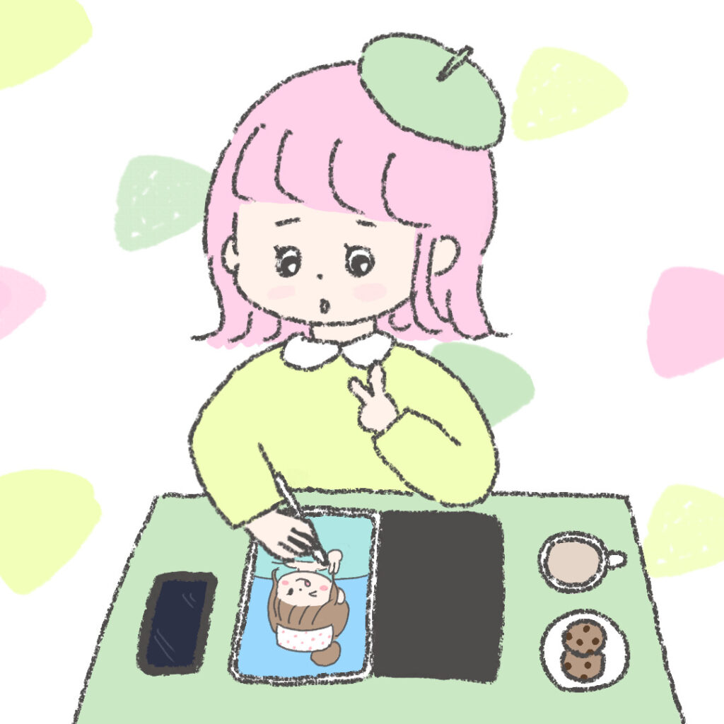 机でベレー帽を被ったイラストレーターがタブレットでイラストを描いている様子