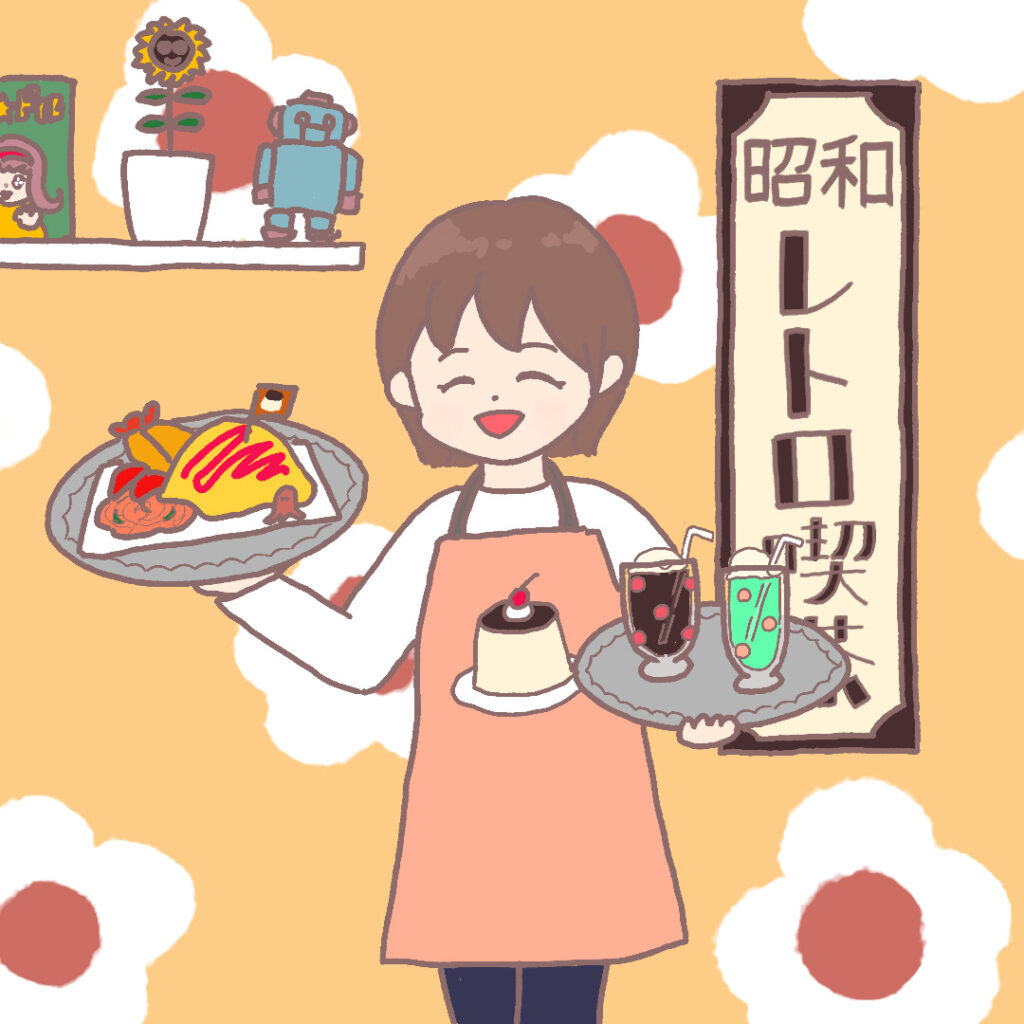 花柄背景の昭和レトロな喫茶店でランチプレートと飲み物を運ぶプリンのエプロンの女性