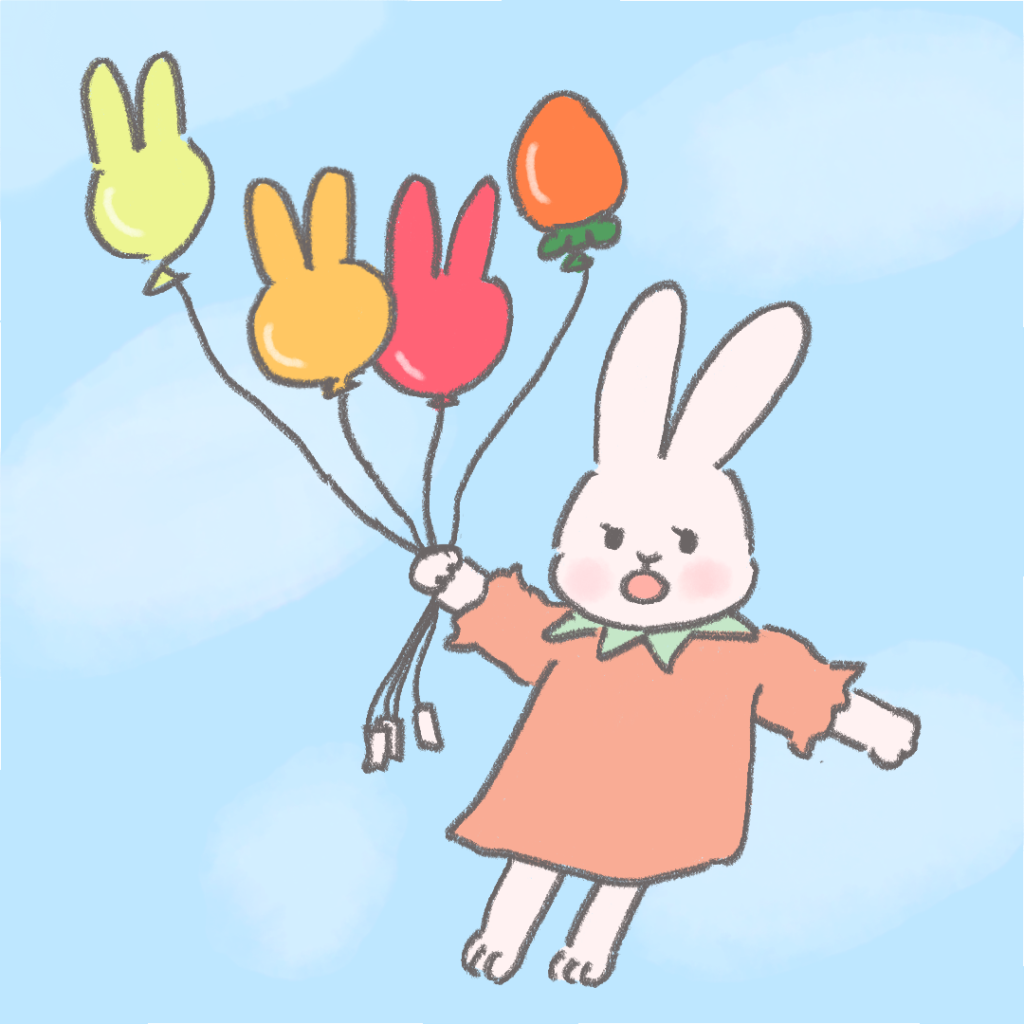 風船を持って飛んでいるウサギ　オレンジの洋服を着ている