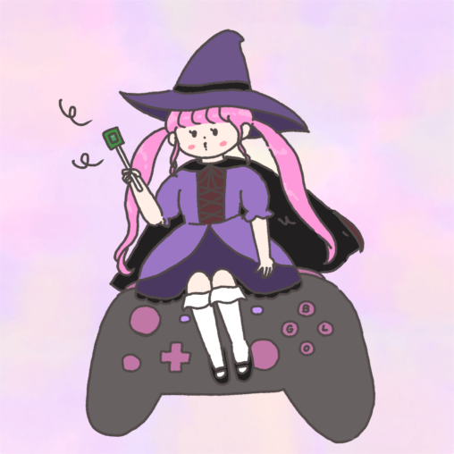 ゲームのコントローラーに腰掛けてCPU付きのステッキを振る紫コスチュームの魔女っこ