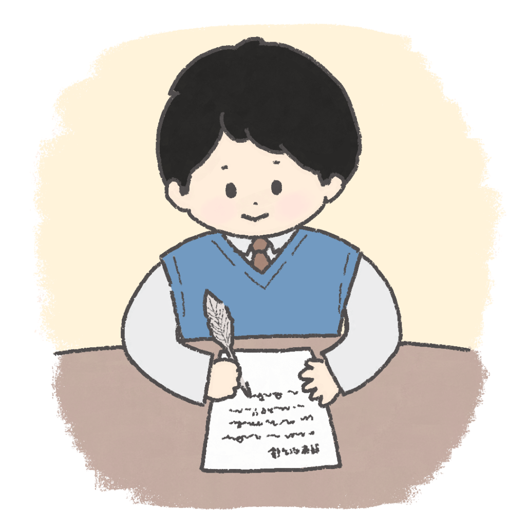 青いベストを着た男性が羽ペンで机で手紙を書いているイラスト