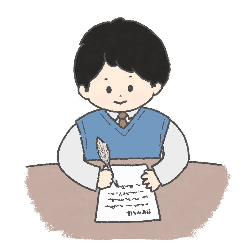 青いベストを着た男性が羽ペンで机で手紙を書いているイラスト