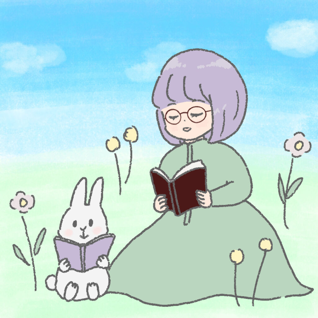 眼鏡をかけたボブヘアの女の子とウサギが座って本を読んでいる