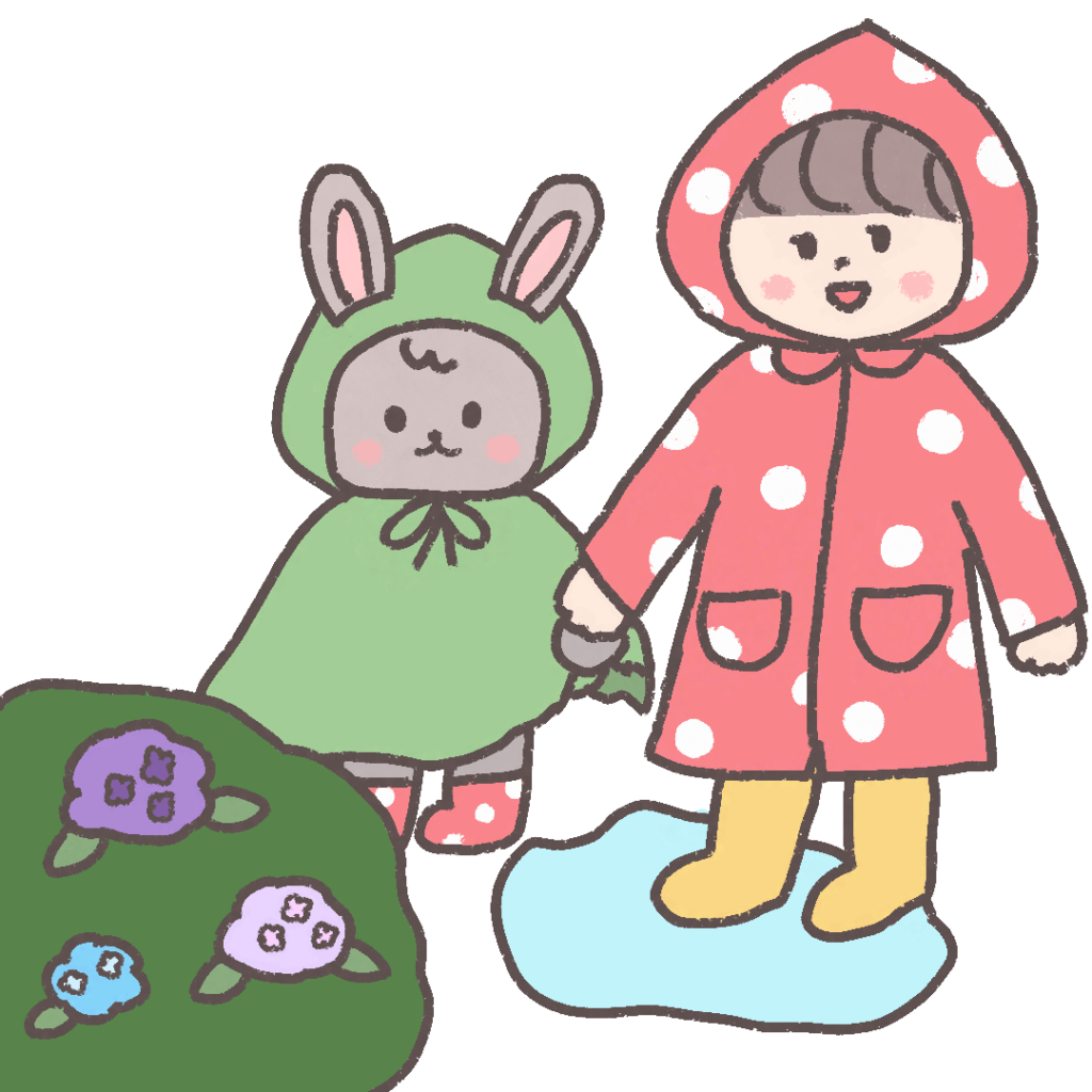 雨の中で紫陽花を見つけた赤い水玉のレインコートの女の子と緑のポンチョのウサギ