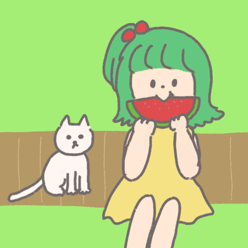 縁側でスイカを食べる女の子とねこ